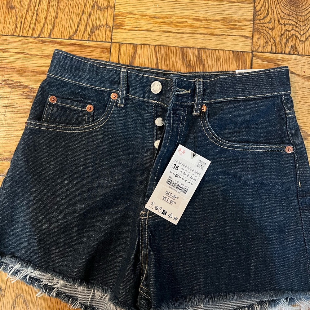 Zara Dark Blue Jean Shorts with Frayed Hem